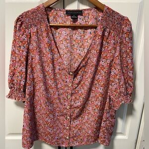 Sanctuary It’s A Must Smocked Puff Sleeve Blouse Pink Meadows Disty Floral XL